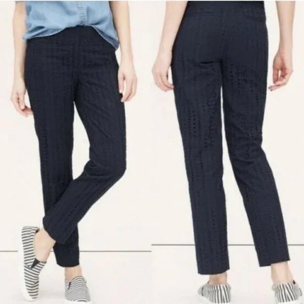 LOFT Riviera Eyelet Lace Julie HIgh Rise Ankle Pants 10 Navy Blue Trousers